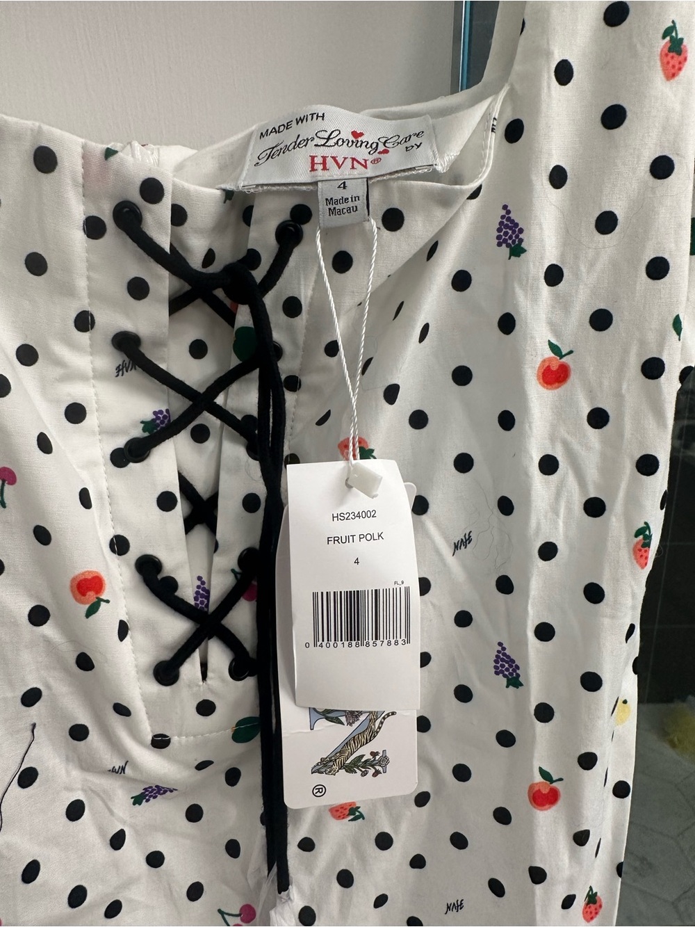 HVN White Fruit Polka Dot Lace-Up Dress